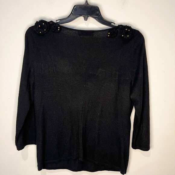 Dana Buchman Sweater L Black Studded Floral Applique Pullover Top Size Large - Picture 7 of 9